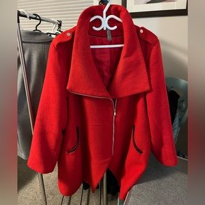 Red, Pennington’s 4x wool blend coat; asymmetrical zip, and zippers on sleeves.